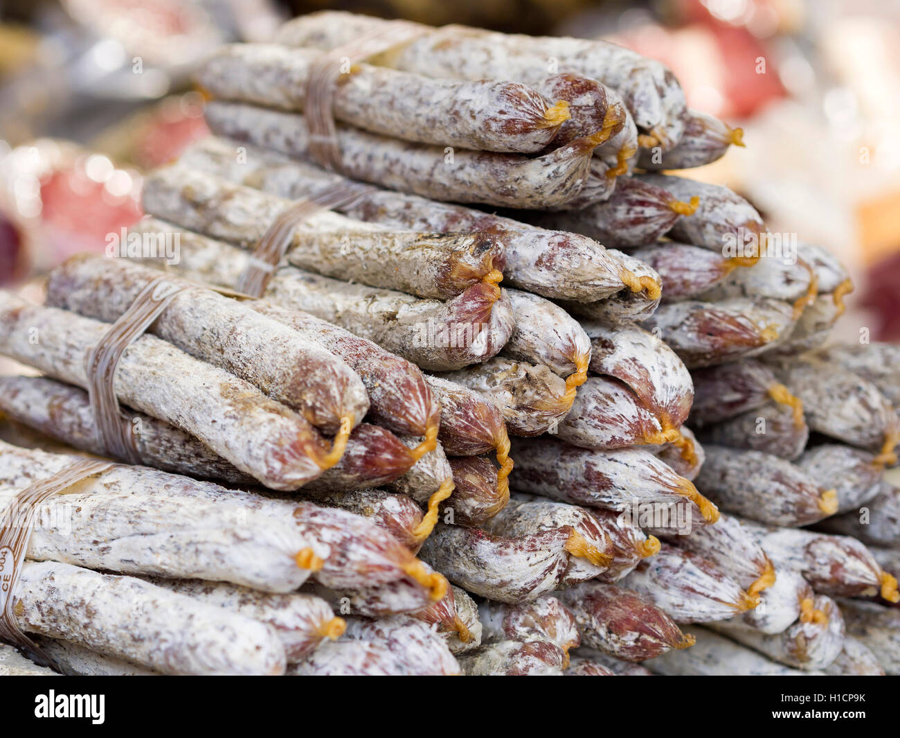 Traditional French handmade sausage at the market in Paris France