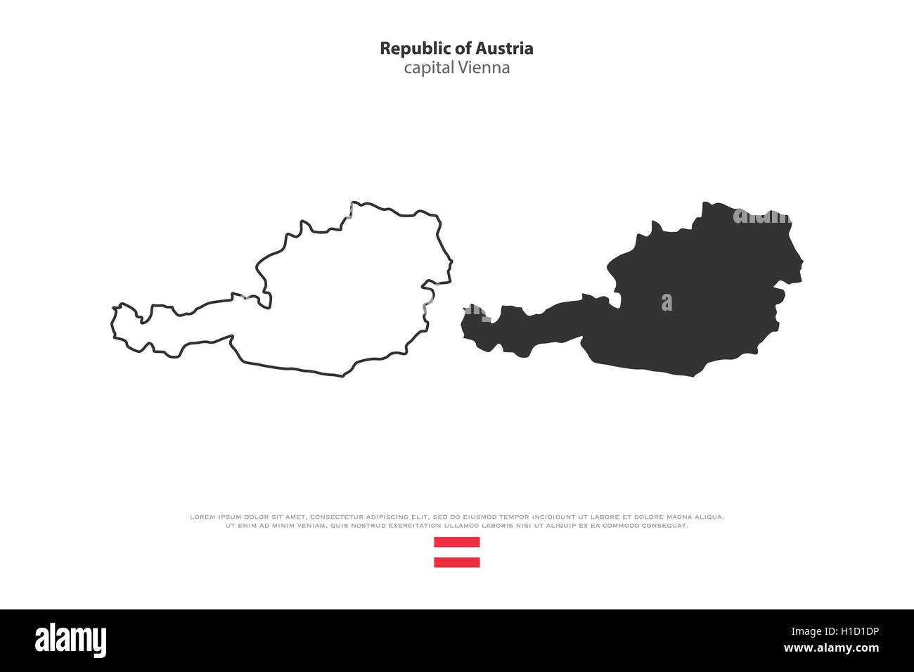 Republic of Austria isolated map and official flag icons. vector Austrian political map thin line contour illustration. European Stock Vector