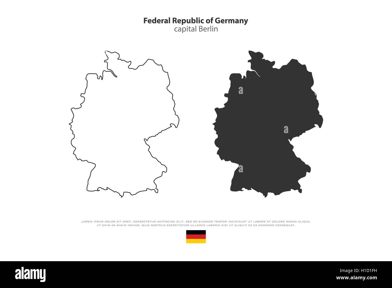 Federal Republic of Germany map outline and official flag icon isolated on white background. vector German political maps illust Stock Vector