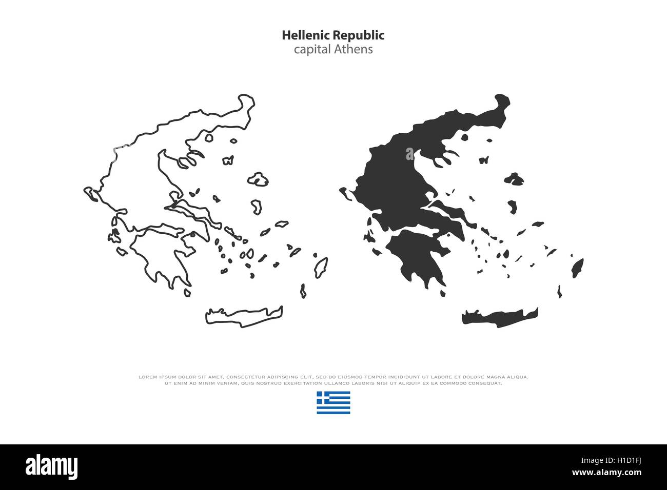 Hellenic Republic isolated maps and official flag icons. vector Greece political map thin line icons. European country geographi Stock Vector