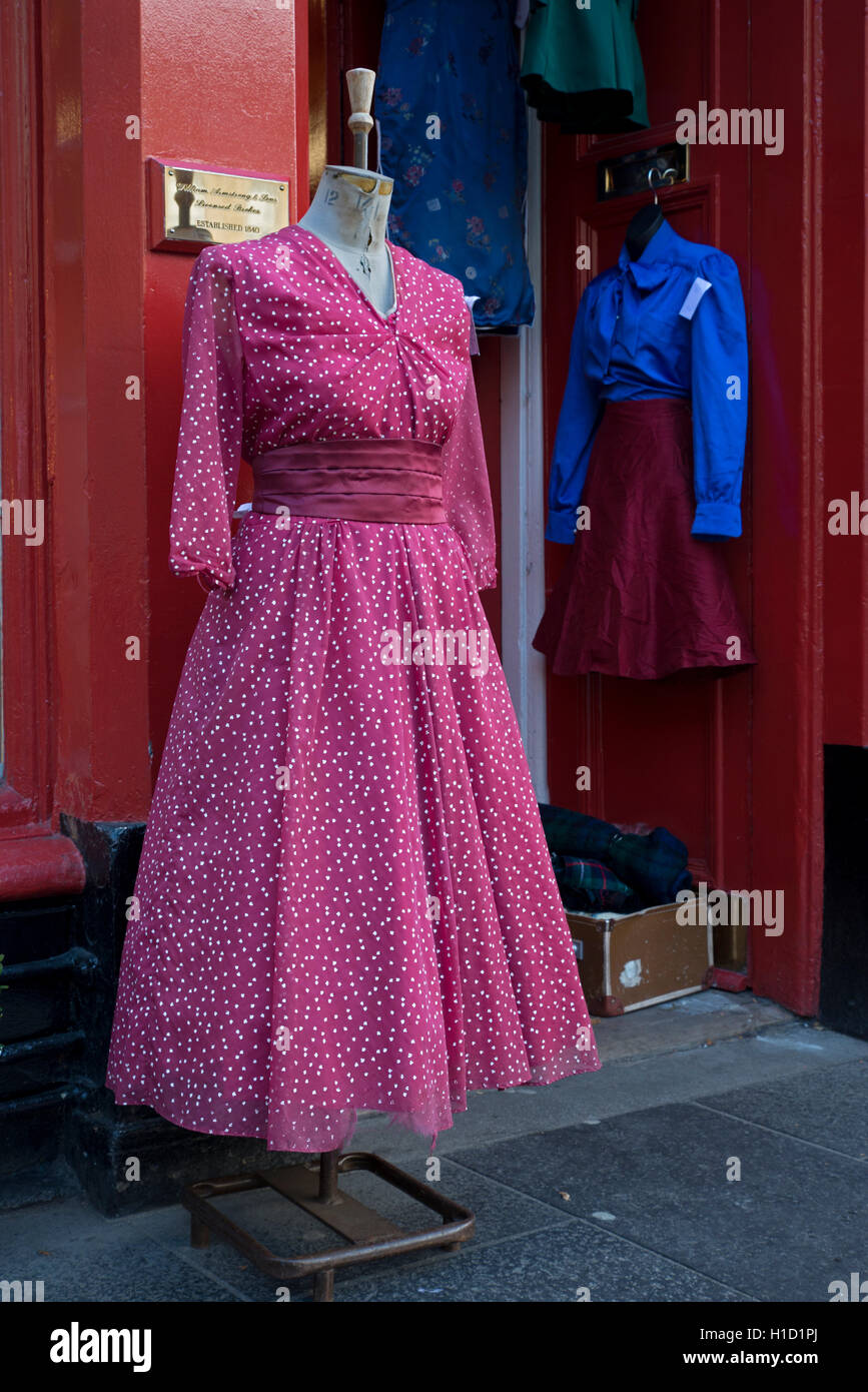 Vintage clothing in  the doorway of a branch of Armstrong's vintage clothing store in Edinburgh, Scotland, UK. Stock Photo