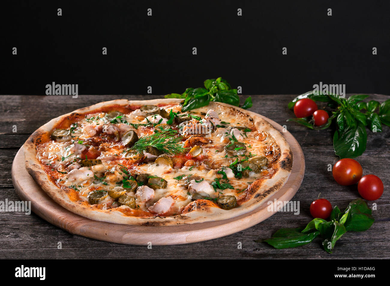 Pepperoni Pizza with bacon, meat , beef, cheese ,pickles , cucumbers