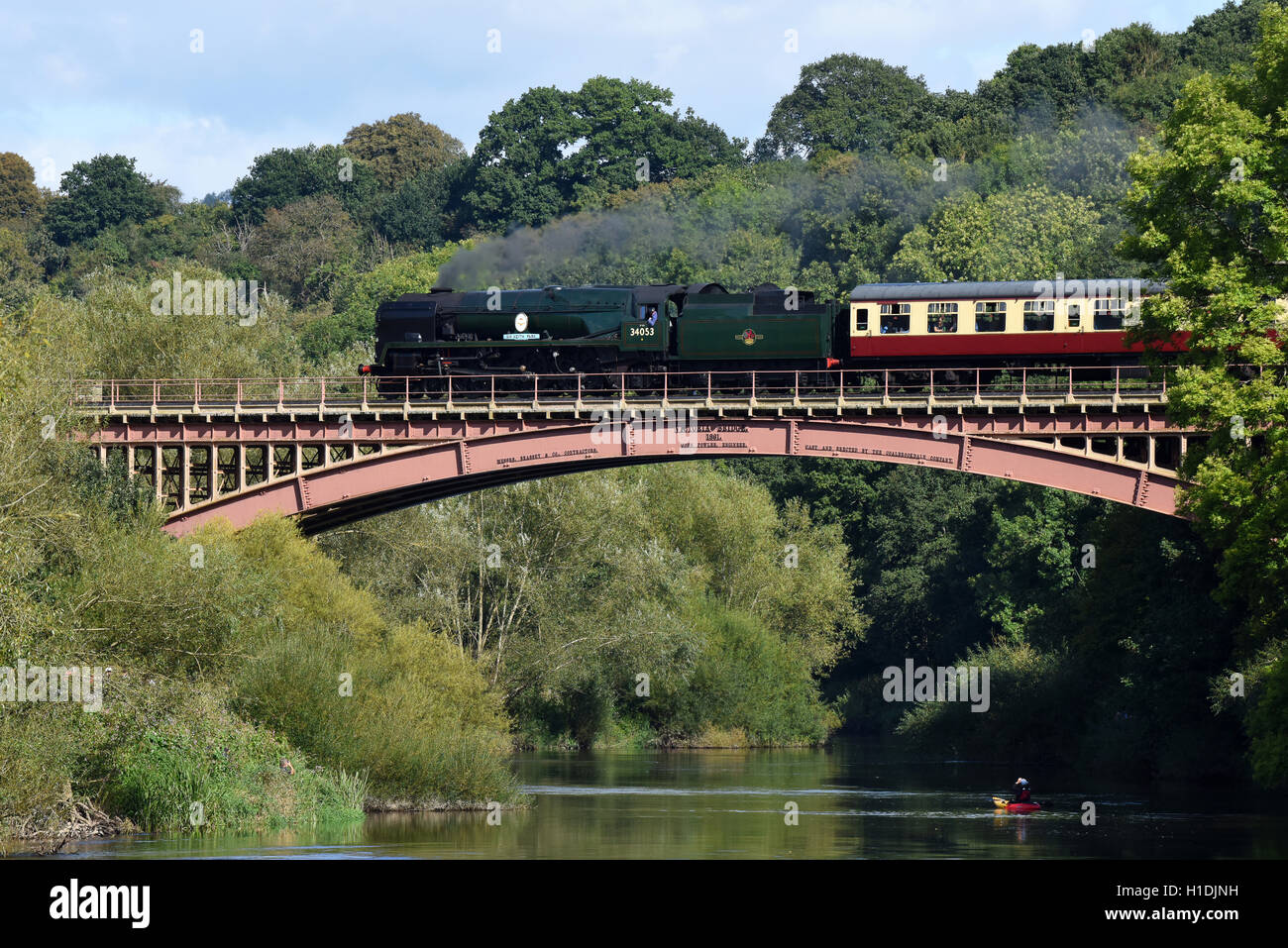 Steam locomotive Sir Keith Park crossing the River Severn on the Victoria Bridge on the Severn Valley Railway at Arley Uk Stock Photo