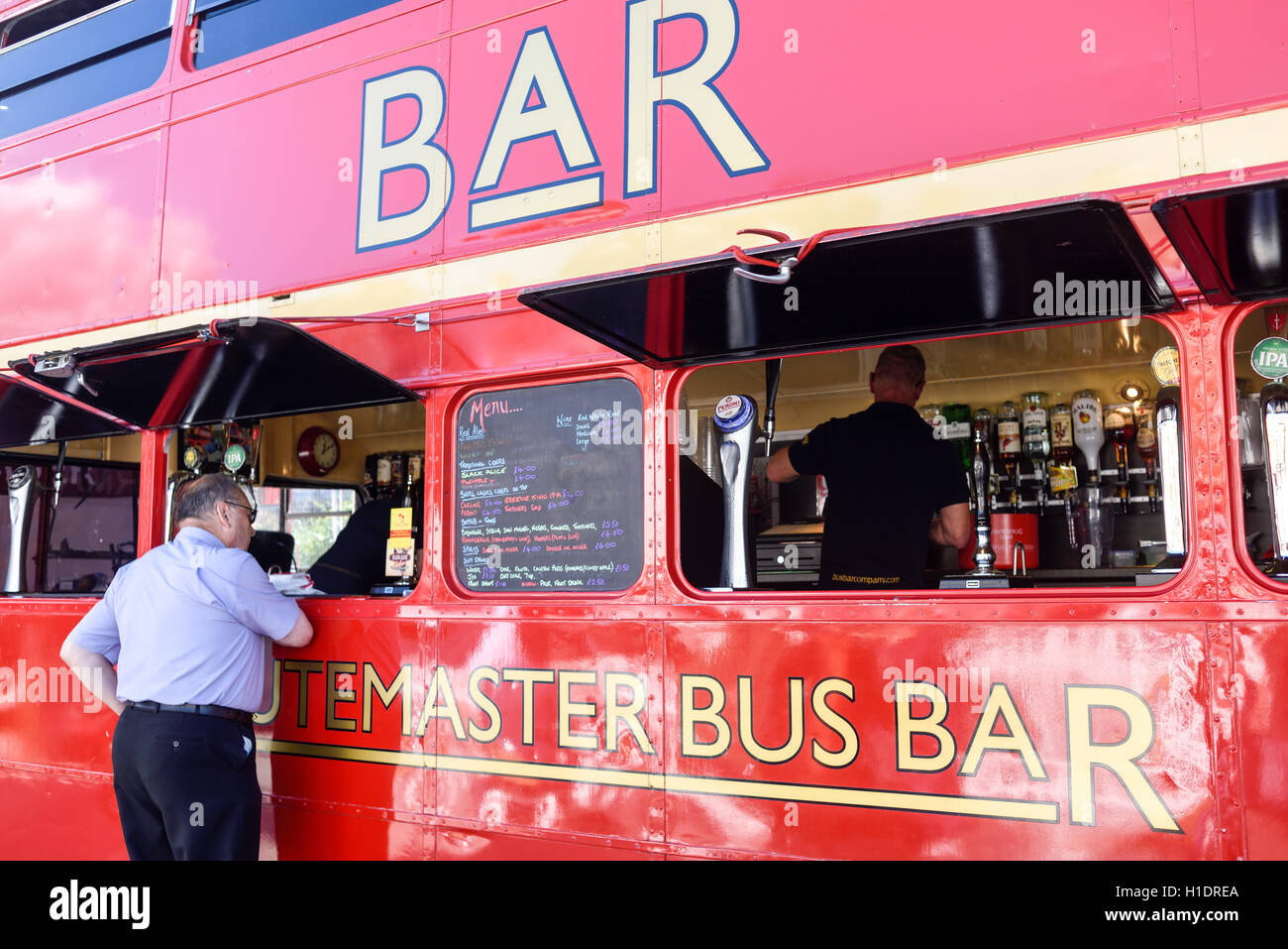 Route Master Double Decker Bus Transform into a Mobile Bar. Stock Photo