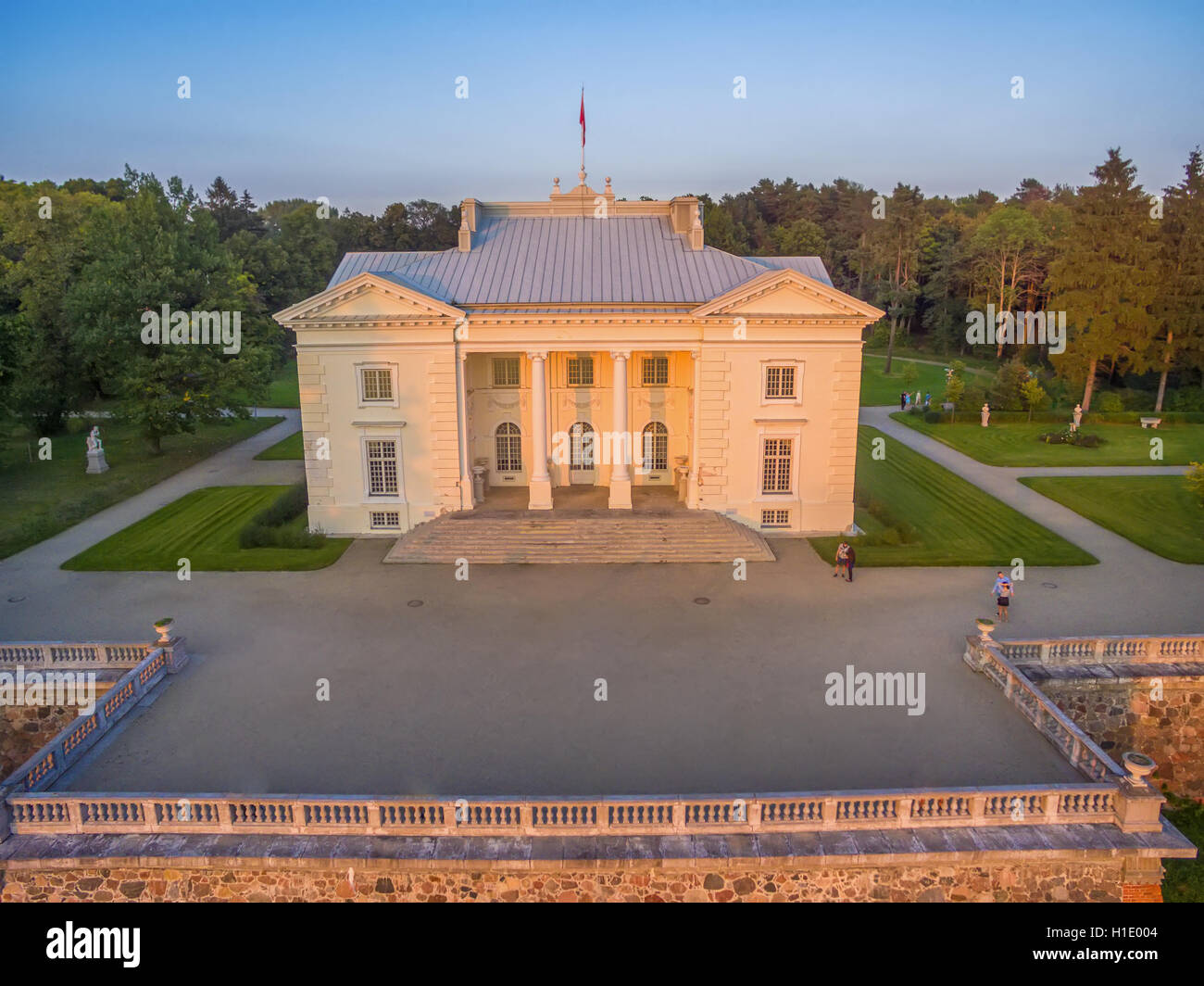 Trakai, Lithuania: Aerial UAV top view of Uzutrakis Palace Stock Photo