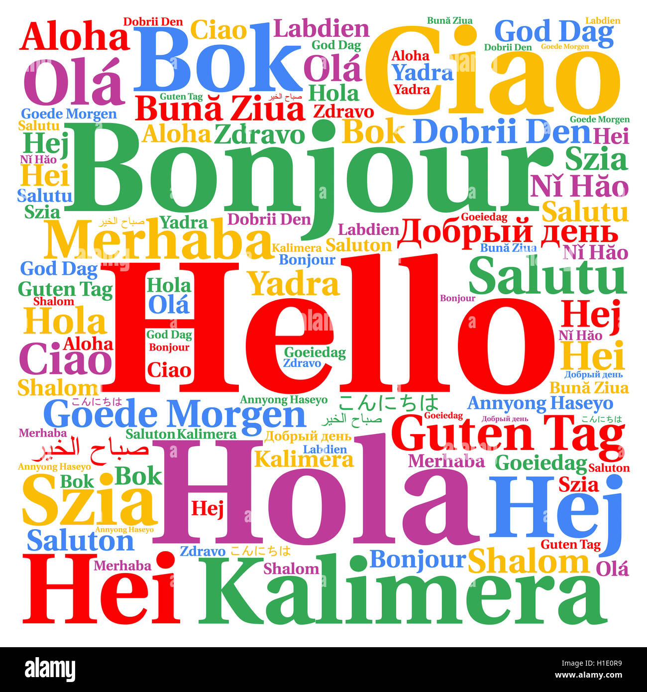 Hello in different languages word cloud Stock Photo