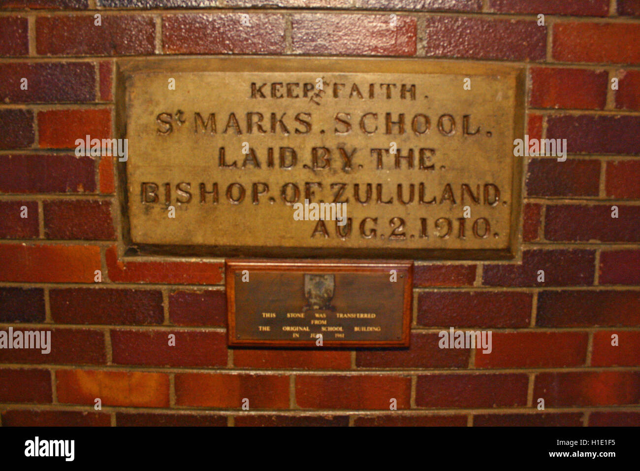 Stone from the original St Mark's  building laid by the bishop of Zululand, 2 August 1910 ,  St Mark's School, Mbabane, Hhohho, Stock Photo