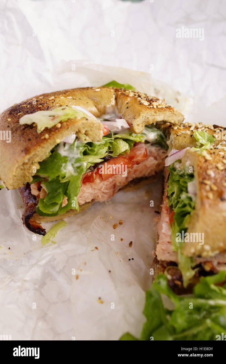 Union Market, Washington DC Bagel with grilled salmon lettuce sesame everything seeds sandwich