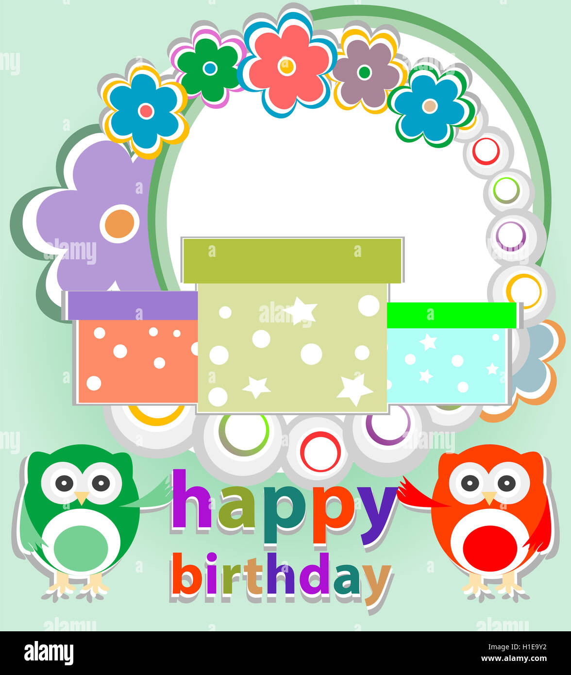 birthday party card with cute birds and owl on trees and flowers Stock ...