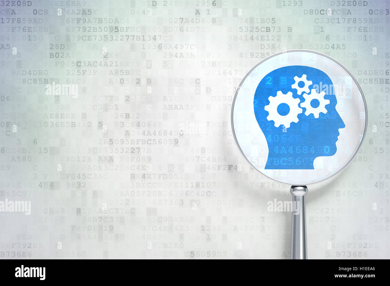 Marketing concept: Head With Gears with optical glass on digital ...