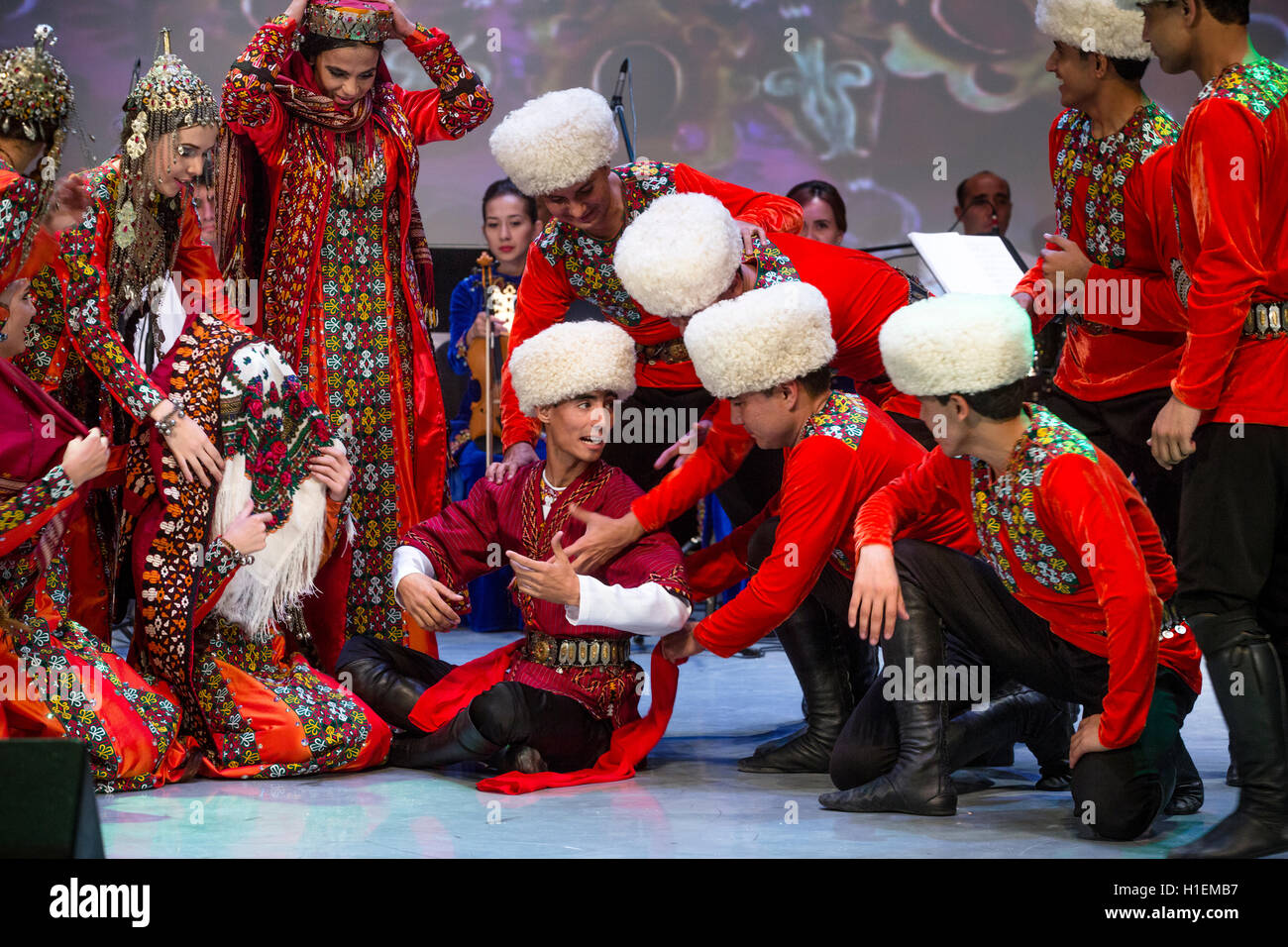 Dance group 'Lachin' shows the traditional wedding ceremony during the Days of Culture of Turkmenistan Republic in Moscow,Russia Stock Photo