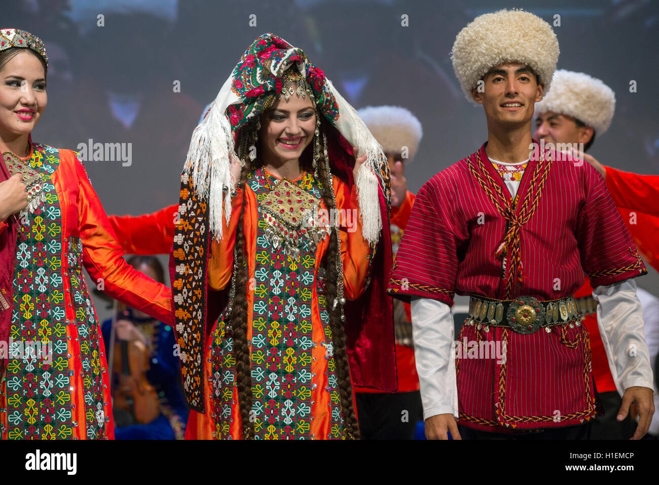 Dance group 'Lachin' shows the traditional wedding ceremony during the Days of Culture of Turkmenistan Republic in Moscow,Russia Stock Photo