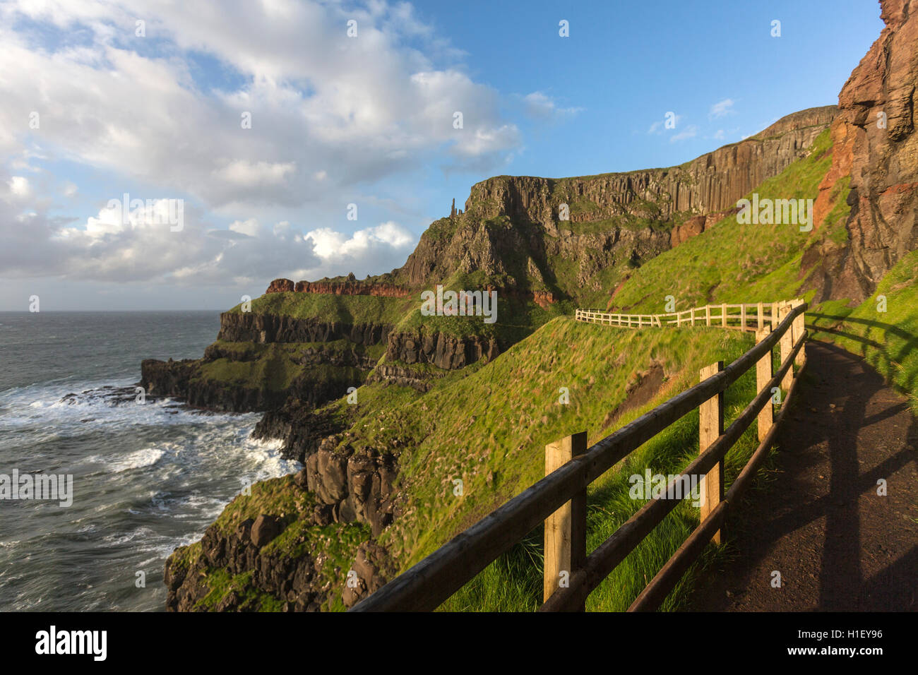 Giant's Causeway walk route closed looking the Chimney stacks, Bushmills, County Antrim, Northern Ireland, UK Stock Photo