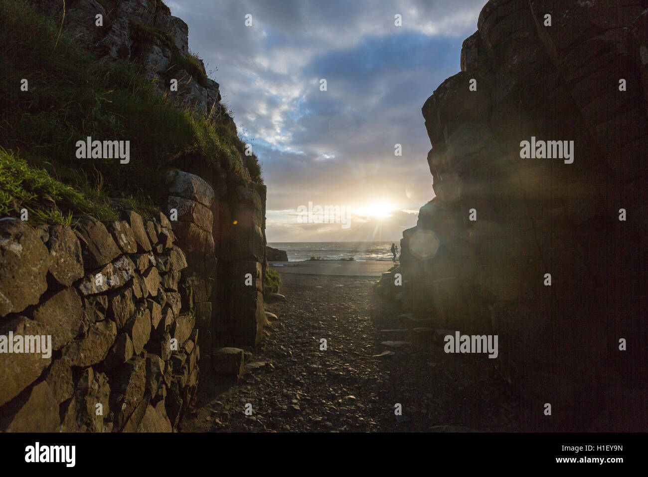 Sunset at Giant's Causeway pass, Bushmills, County Antrim, Northern Ireland, UK Stock Photo