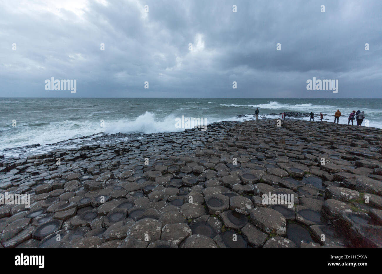 People near a brave ocean in Giant's Causeway, Bushmills, County Antrim, Northern Ireland, UK Stock Photo