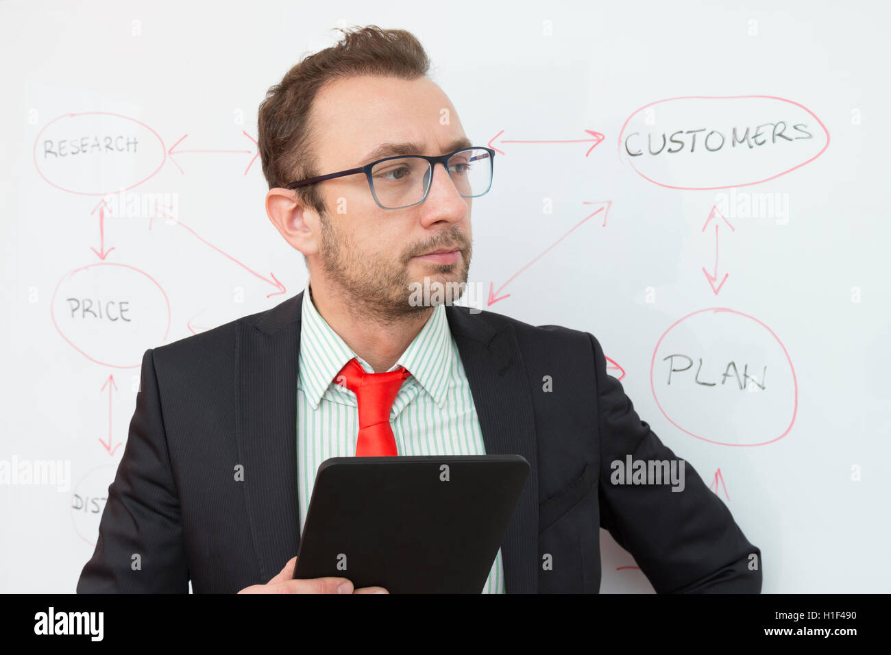 Business expert holding digital tablet device. Flowchart in the