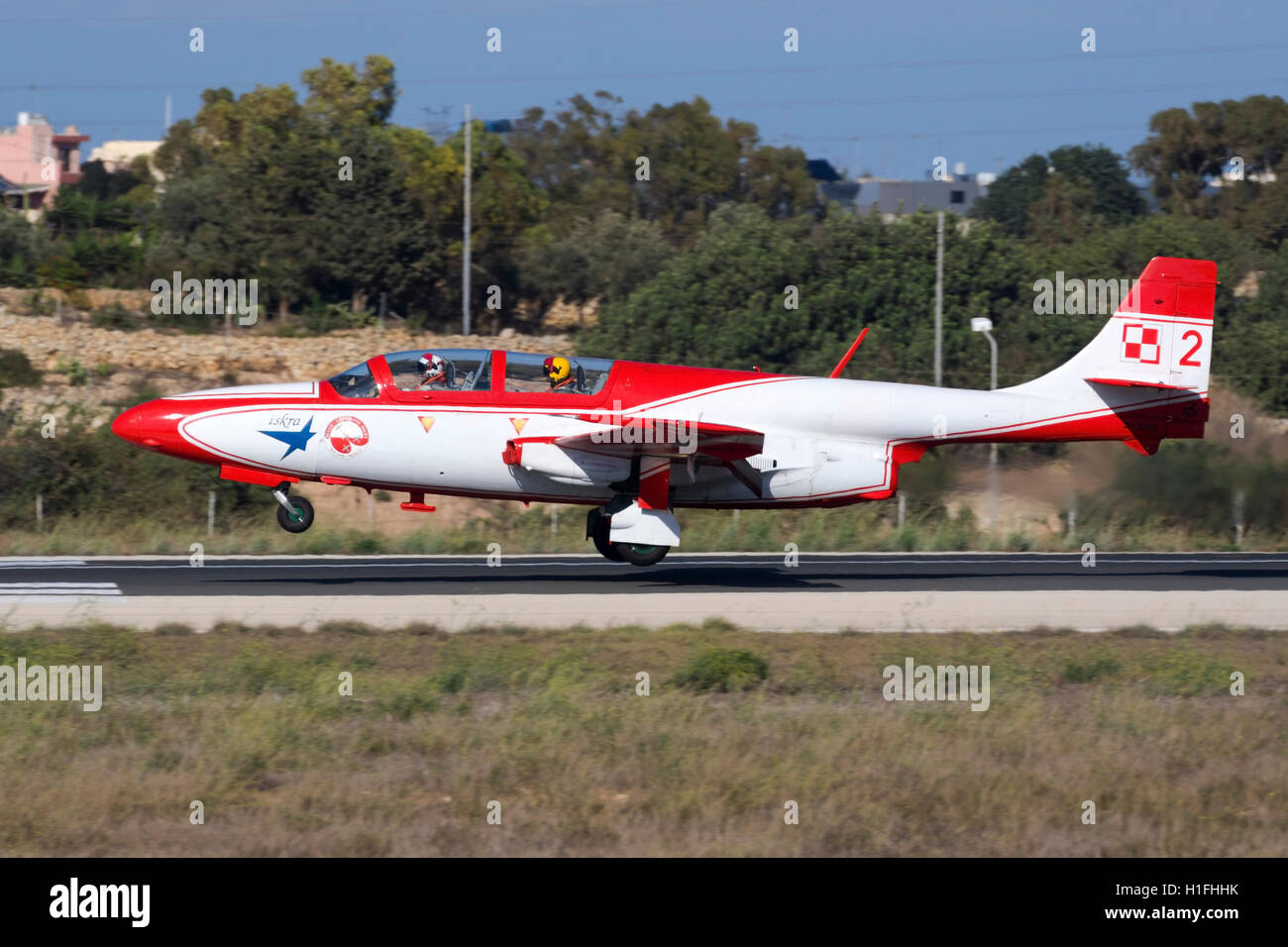 Polish Air Force PZL-Mielec TS-11 Iskra arriving for the airshow the coming weekend. Stock Photo