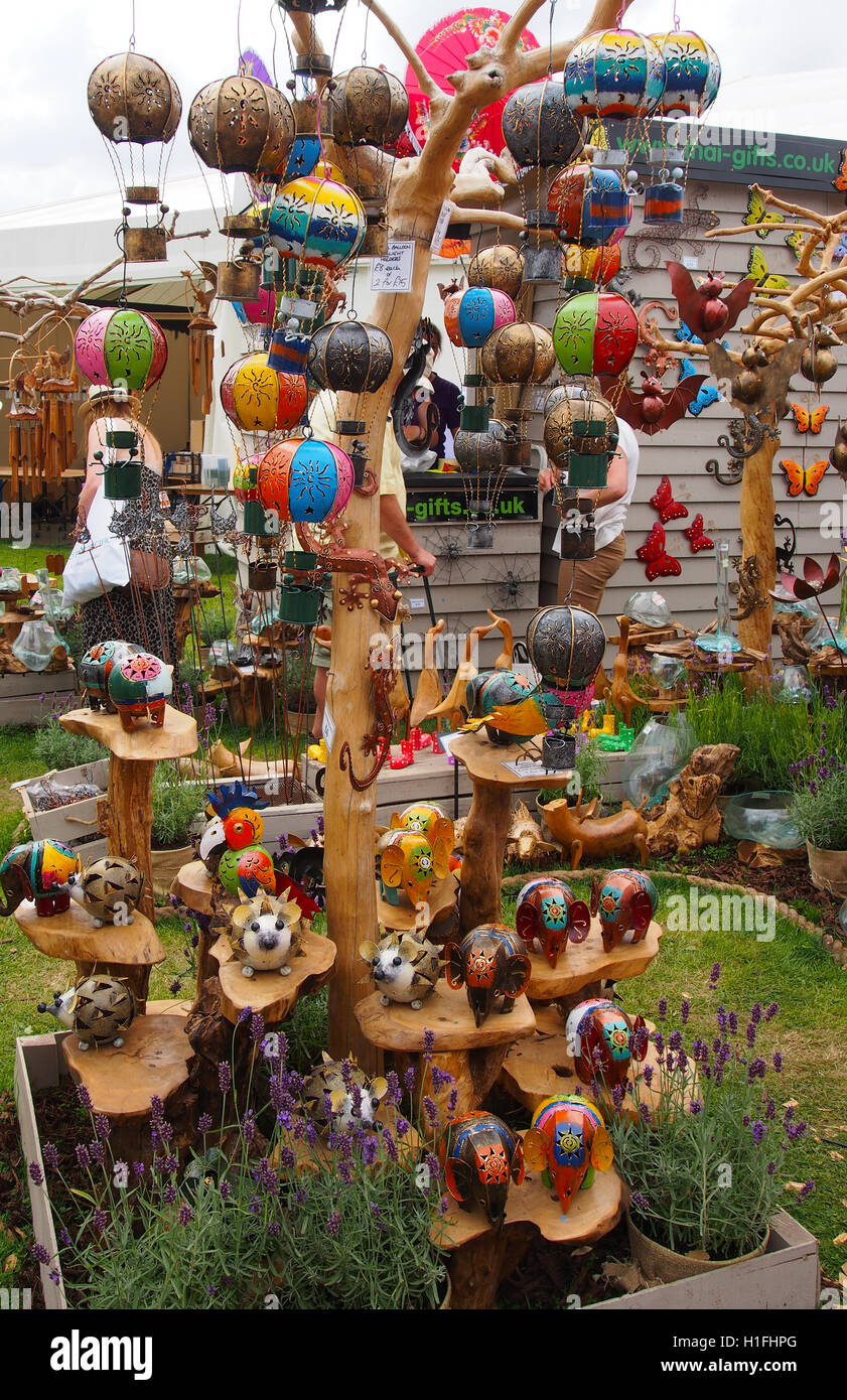 Exhibit of metal garden ornaments on sale at RHS Tatton Park Flower Show in Cheshire, England in 2016. Stock Photo