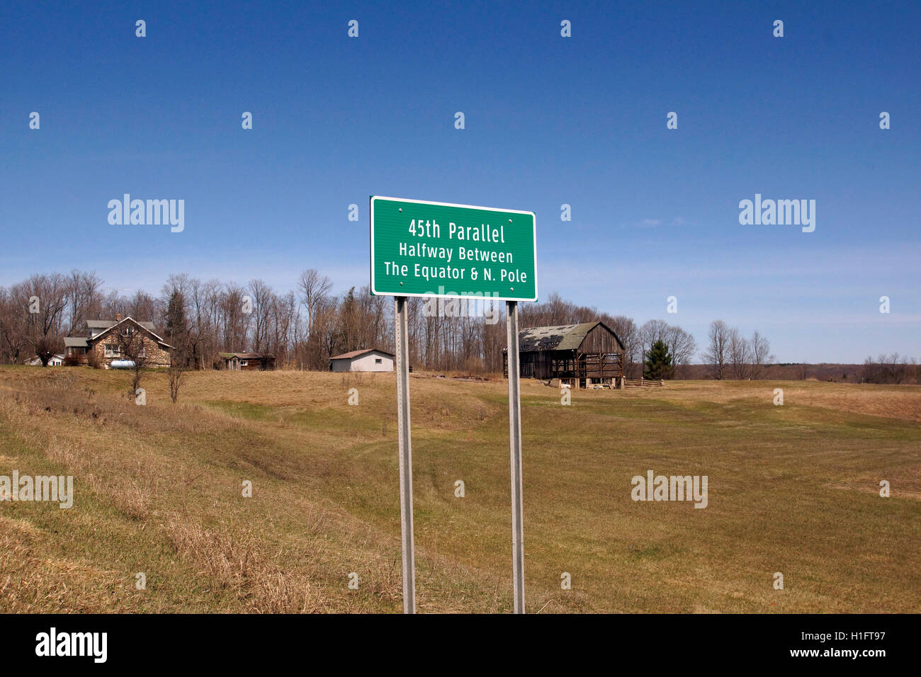 45th Parallel Sign, halfway between the Equator and the North Pole. Stock Photo