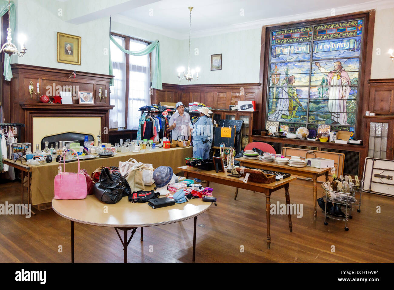 New York City,NY NYC Brooklyn,Fort Greene Flea Market,Cadman Congregational Church,rummage sale,vintage clothes,accessories,housewares,display table,s Stock Photo
