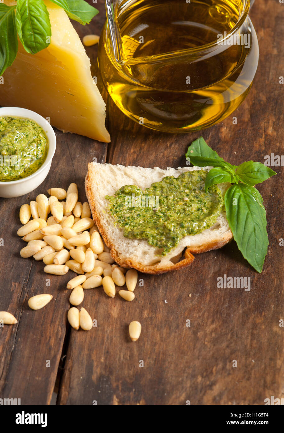 Italian basil pesto bruschetta ingredients Stock Photo Alamy