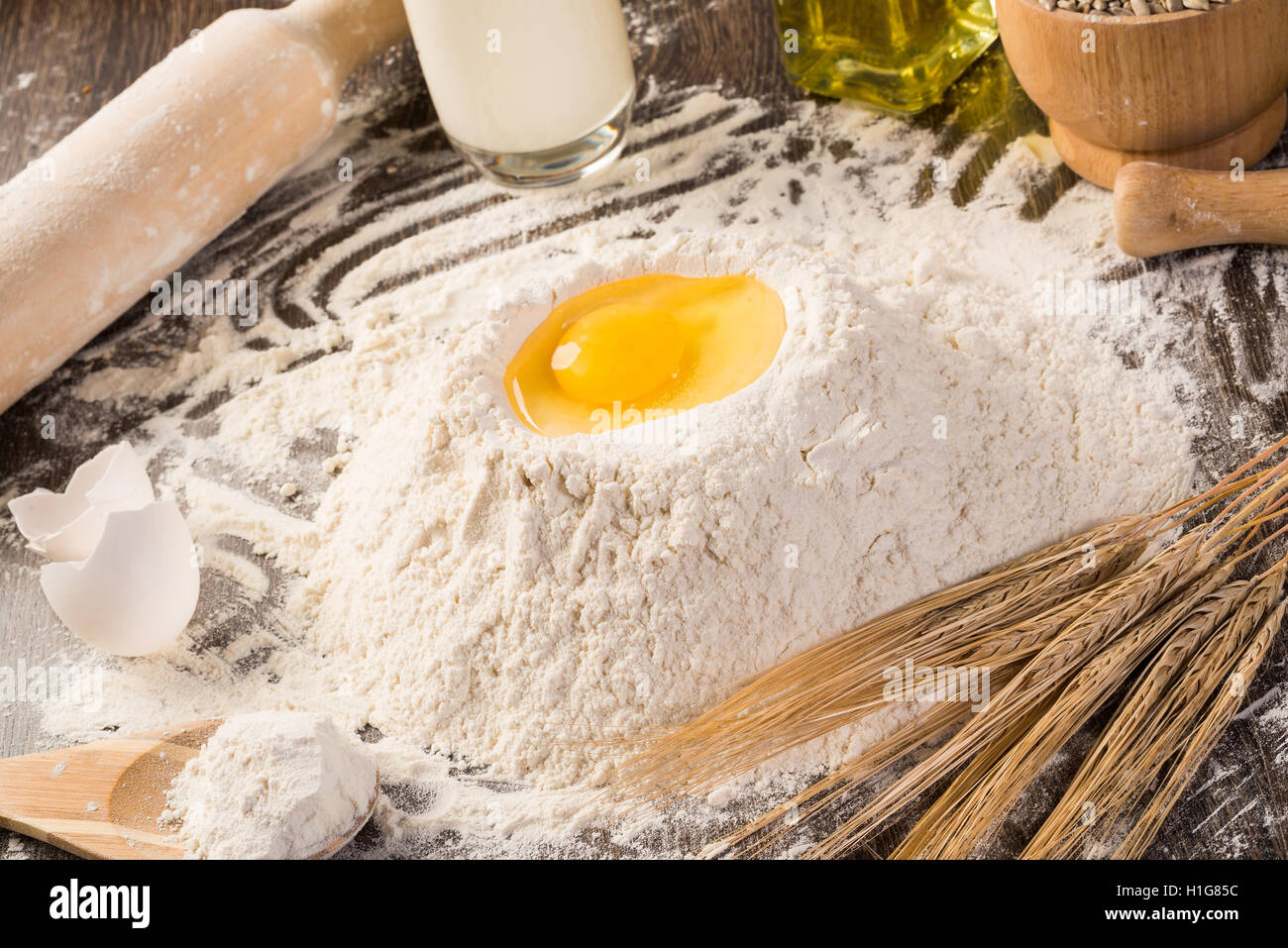 flour, eggs, white bread, wheat ears Stock Photo Alamy