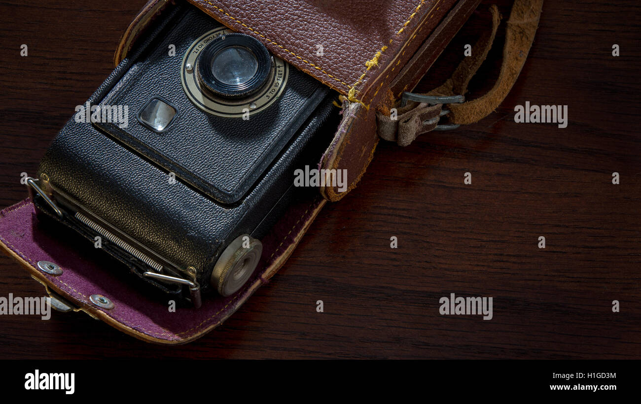 Vintage camera with leather case Stock Photo Alamy