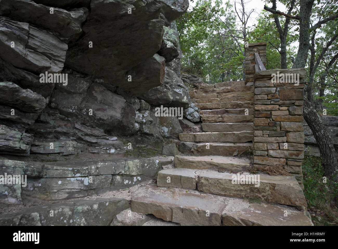 Stone steps along a hiking trail in scenic Pilot Mountain State Park, NC Stock Photo