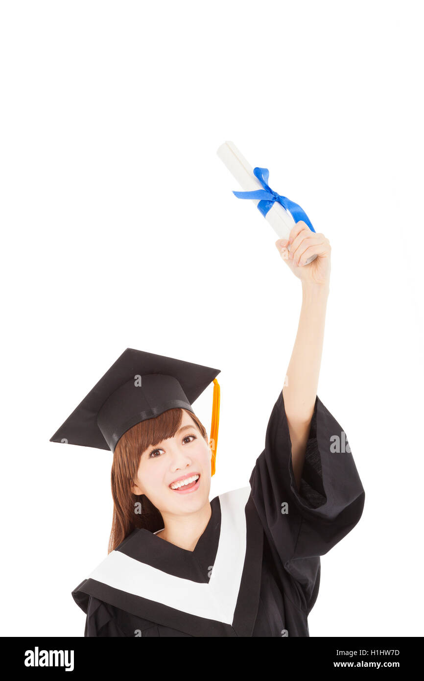 Young graduate girl student holding diploma and hand up Stock Photo - Alamy