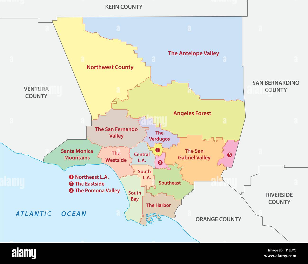 Los Angeles county regions map Stock Vector