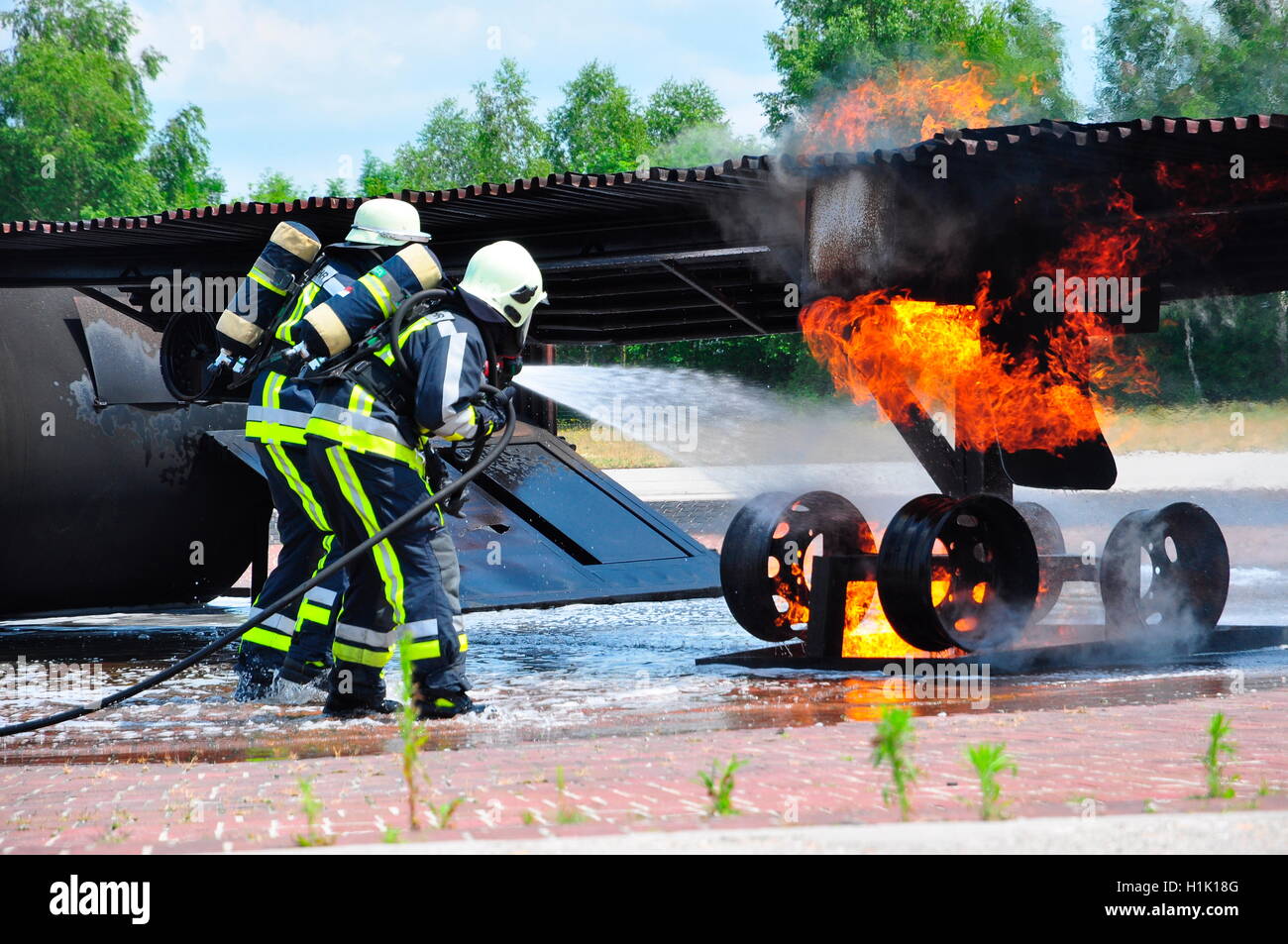 training, firefighting, fire brigade, mock-up airplane, airport rescue and firefighting services, Munich, Bavaria, Germany Stock Photo