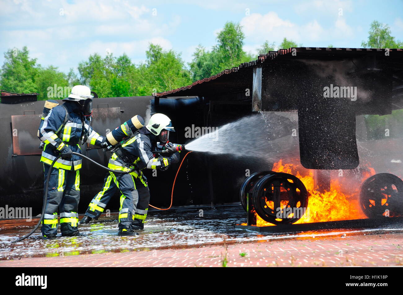 training, firefighting, fire brigade, mock-up airplane, airport rescue and firefighting services, Munich, Bavaria, Germany Stock Photo