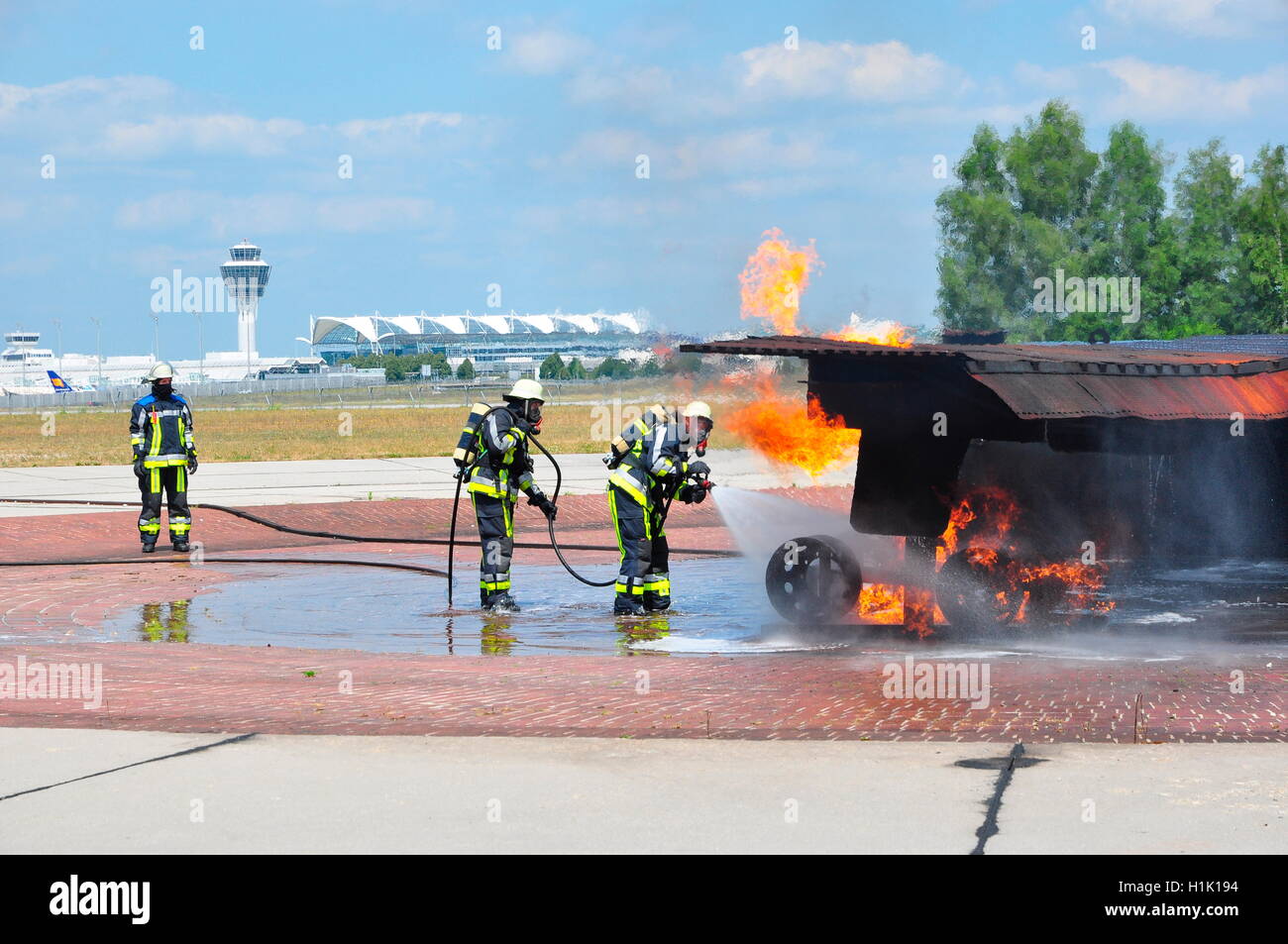 training, firefighting, fire brigade, mock-up airplane, airport rescue and firefighting services, Munich, Bavaria, Germany Stock Photo