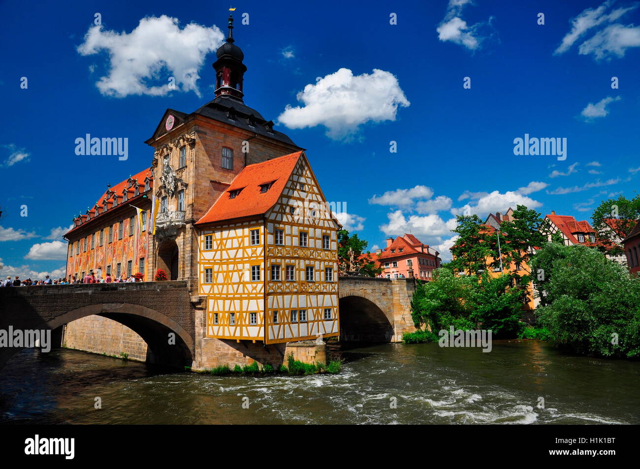 Fachwerk, Regnitz, Rathaus, Bamberg, Bischofstadt, Oberfranken, Deutschland Stock Photo