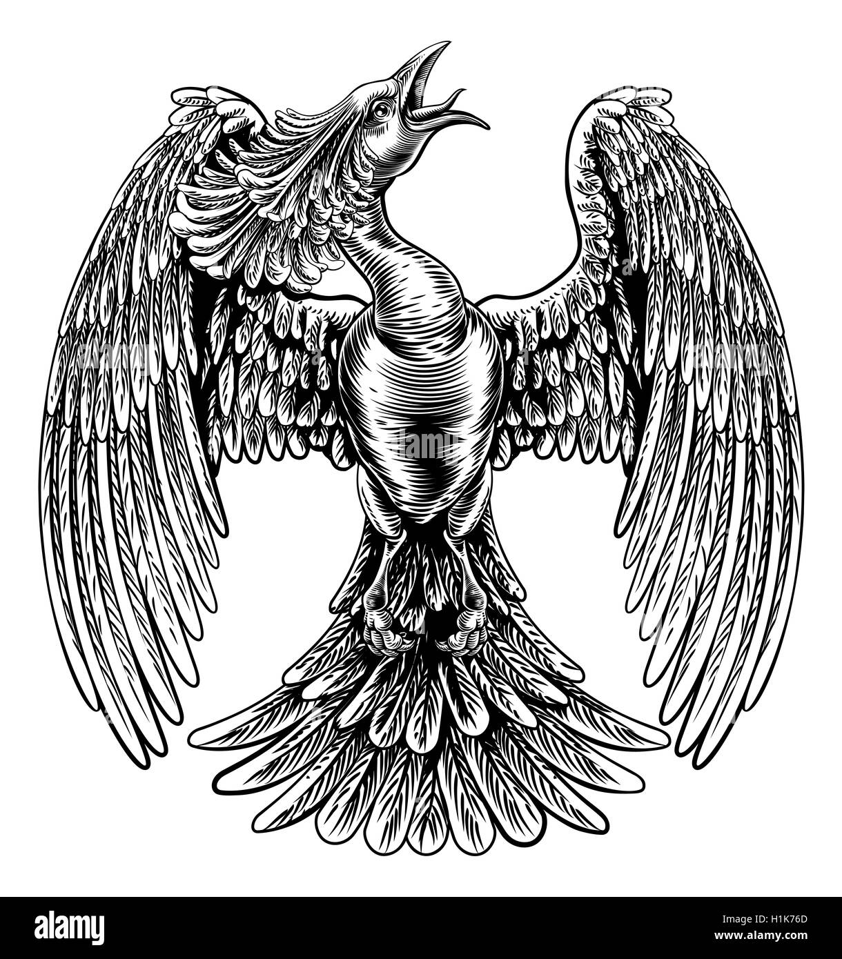 An original illustration of a phoenix fire bird in a vintage woodcut style Stock Photo