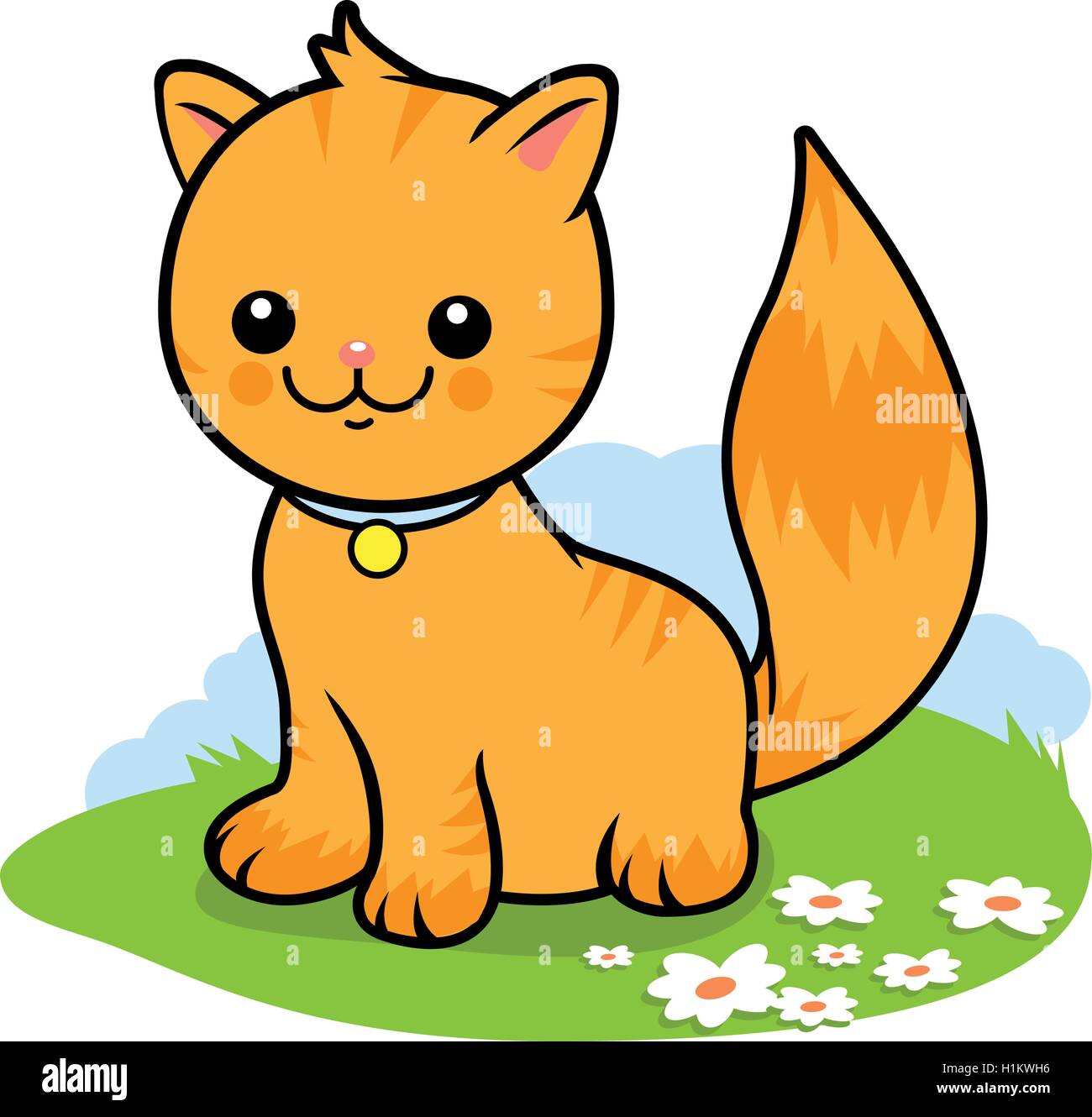 A cute happy orange tabby cat in the garden sitting on the grass ...