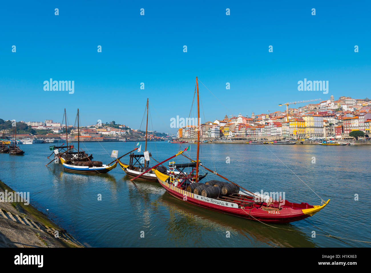 Rabelo boats, port wine boats on River Douro, Porto, Portugal Stock Photo