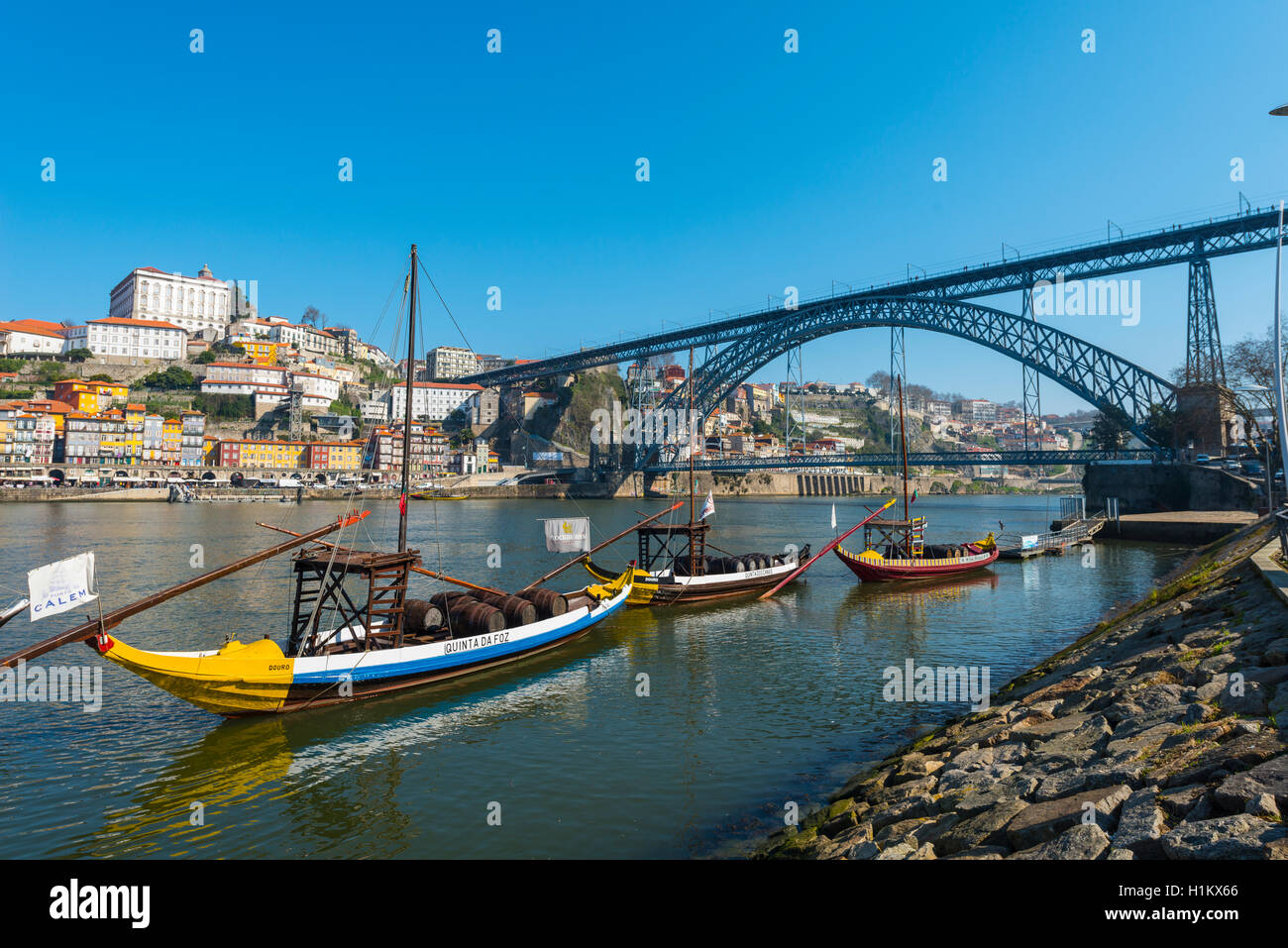 Rabelo boats, port wine boats on River Douro, Porto, Portugal Stock