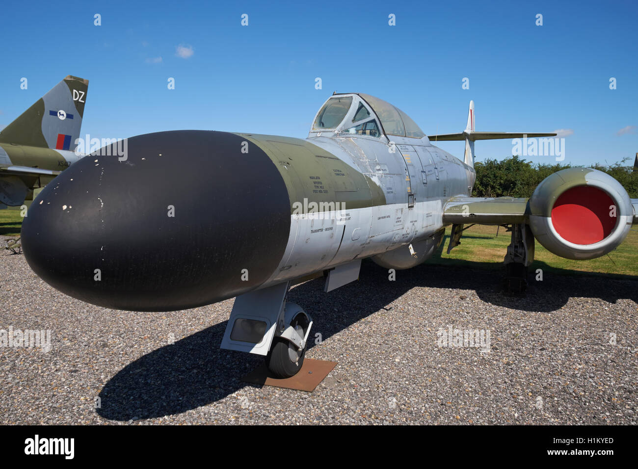 A Gloster Meteor NF(T)14 night fighter trainer aircraft on display at the Newark Air Museum, Nottinghamshire, England. Stock Photo