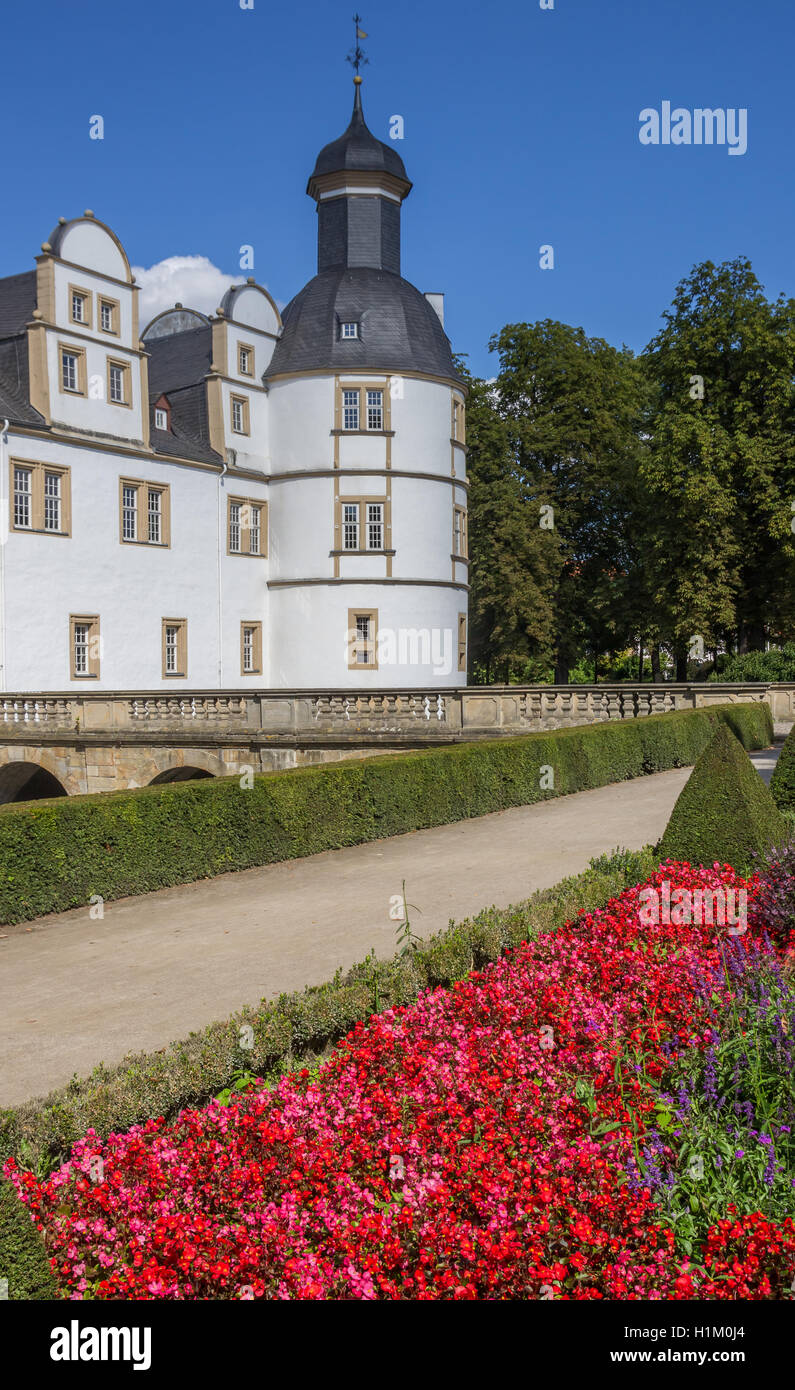 Red flowers in front of the Neuhaus castle in Paderborn, Germany Stock