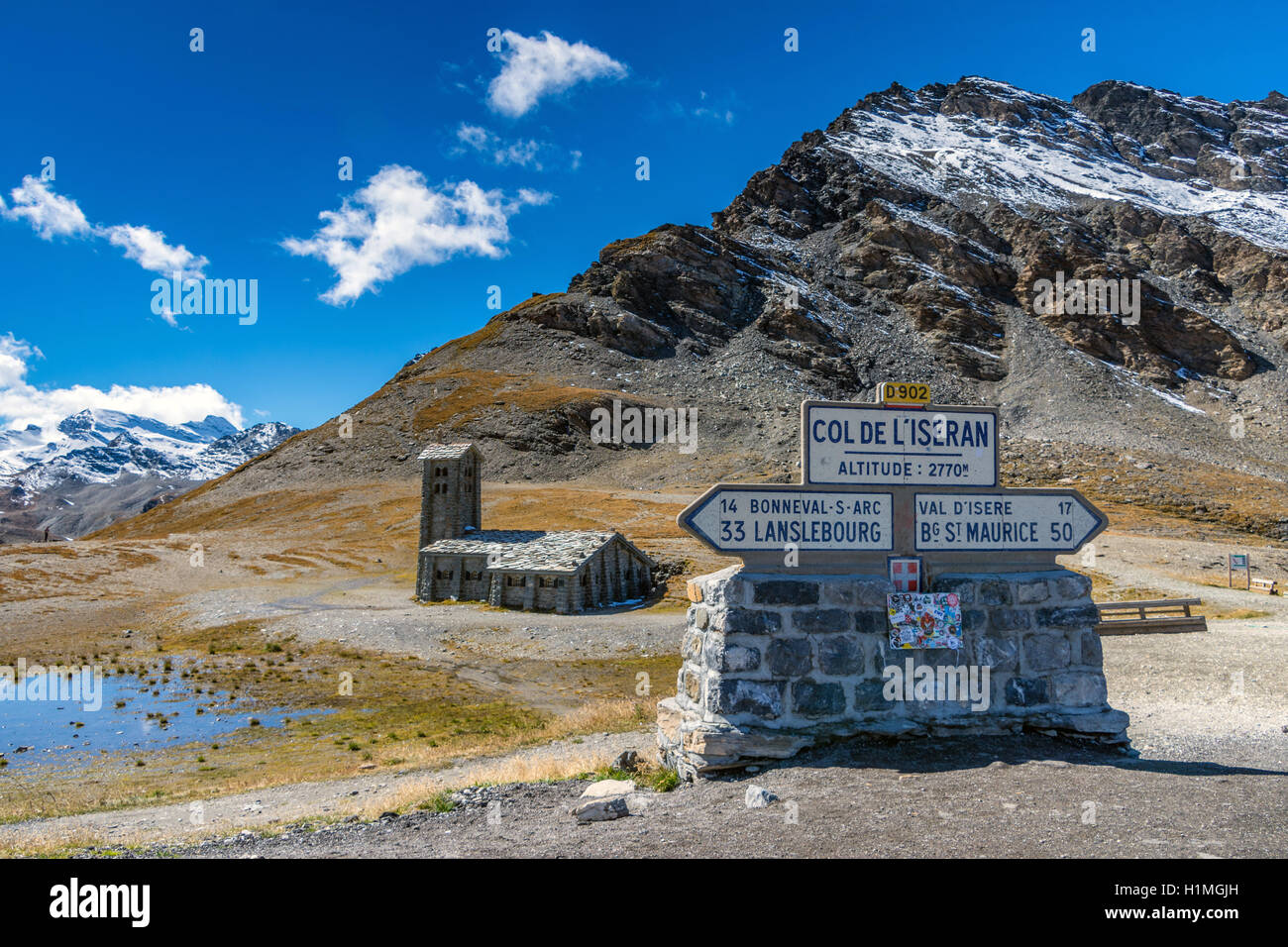 Chapel and sign at the top of the Col de L'Iseran, Savoie, France, Chapelle NotreDamedeToute