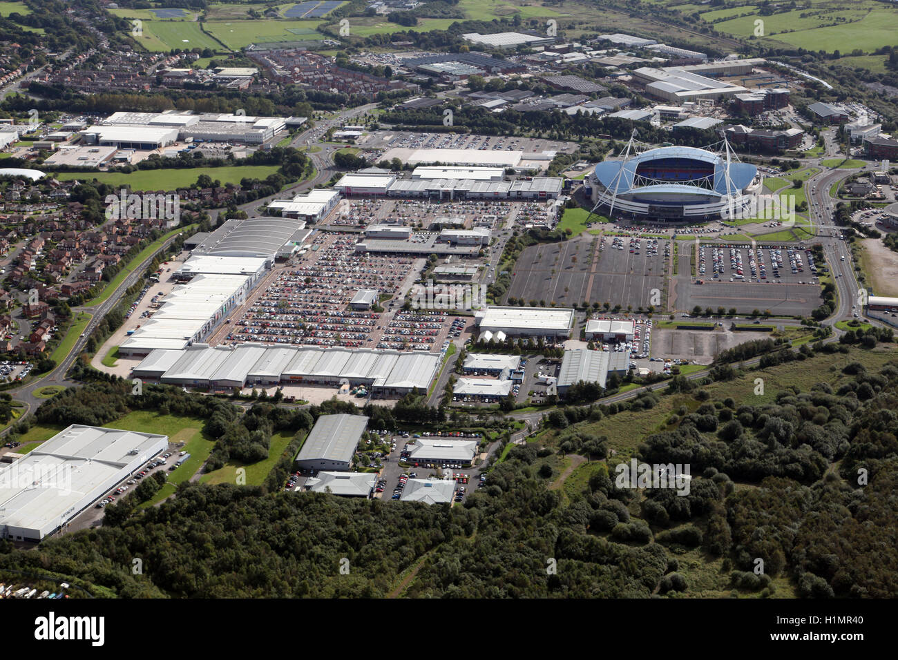 aerial view of the Reebok Stadium and Retail development at Bolton, Lancashire, UK Stock Photo