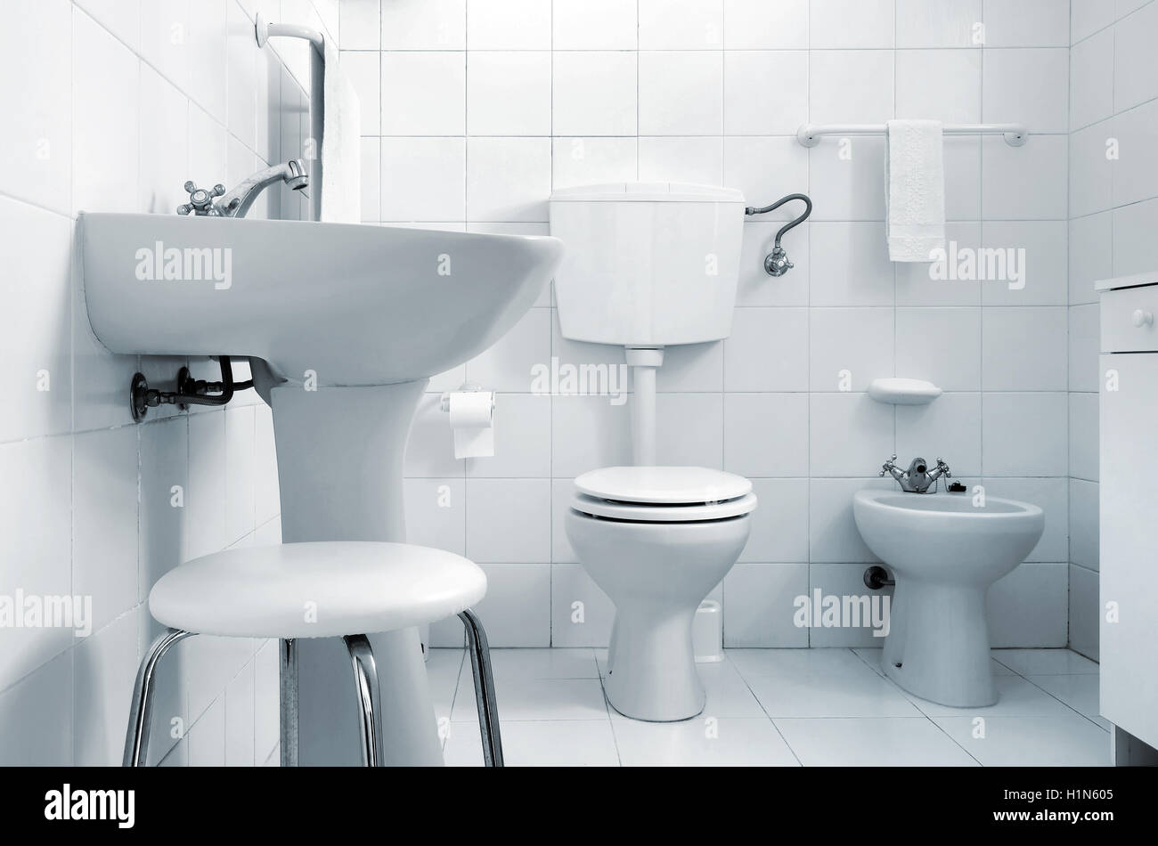 Black And White Image Of A Restroom With Toilet Bidet Sink