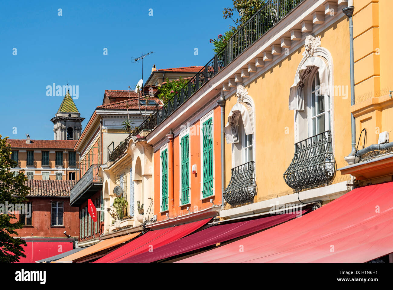 Cours Saleya, colorful facades, Cote d' Azur, Provence, Nice City, France Stock Photo