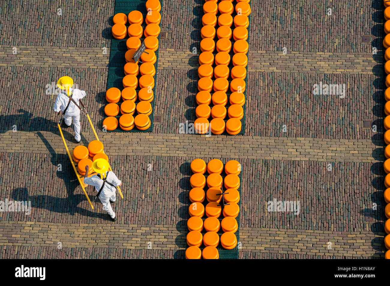 Carriers at Alkmaar cheese market, seen from above Stock Photo