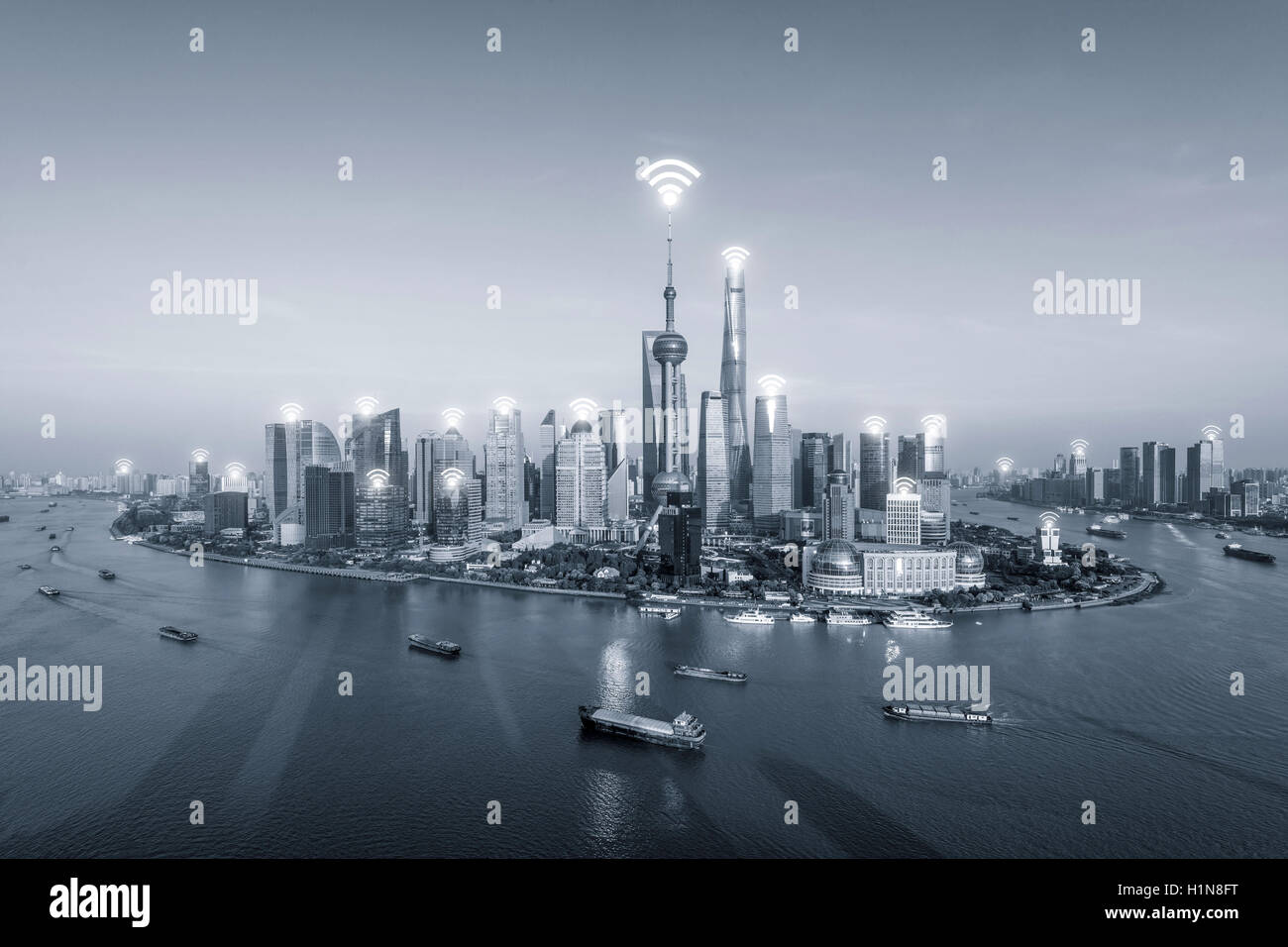 Wifi network connection in Shanghai center business district. Wifi network technology concept. Stock Photo