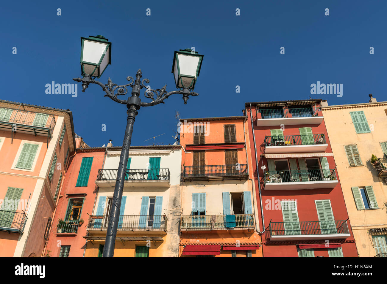 Colorful facades, Villefranche sur mer, Cote d Azur, South of France Stock Photo