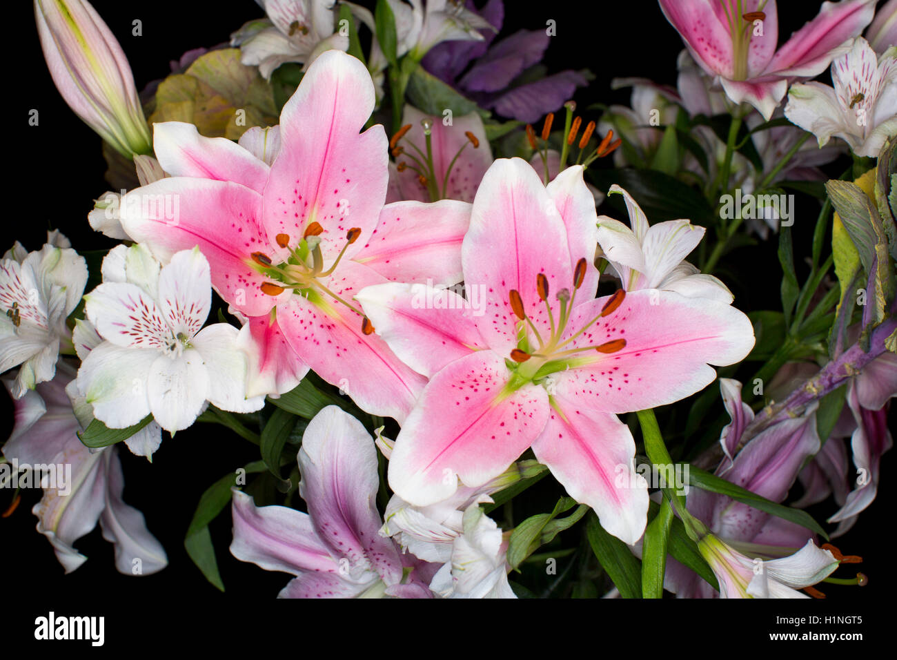 Flower Arrangement With Pink Lillies In A Large Vase Stock Photo