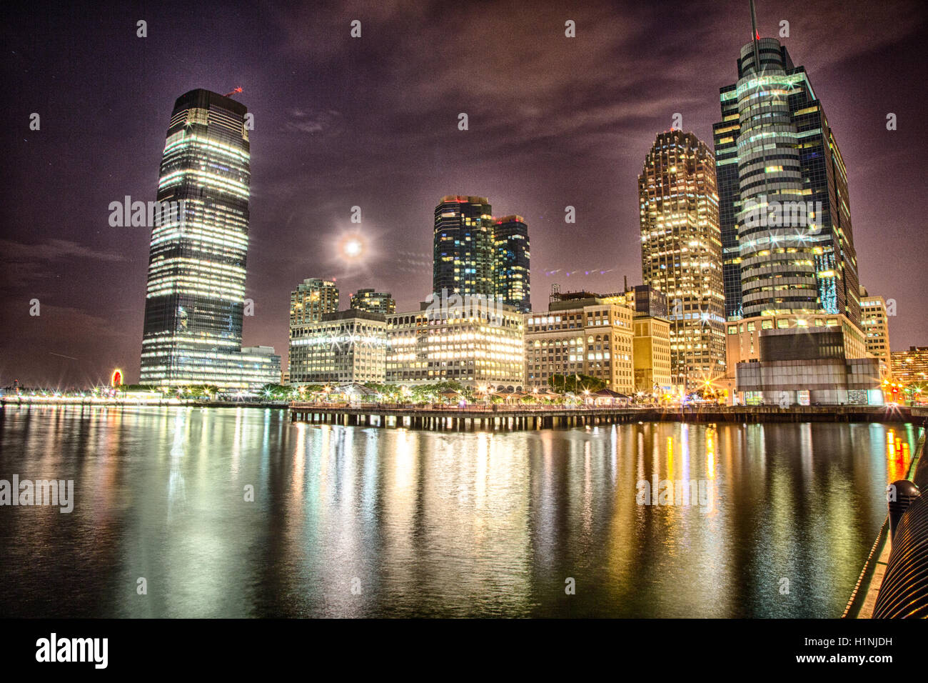 Jersey City, New Jersey, USA, August 12, 2016: The Skyline of Jersey City with a full moon. Stock Photo
