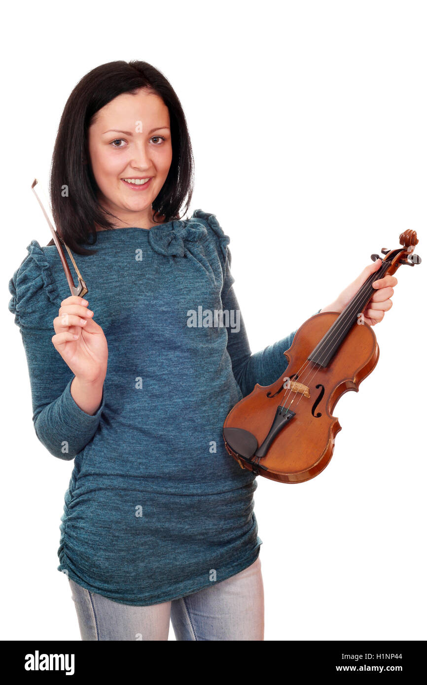 beautiful teenage girl with violin on white Stock Photo - Alamy